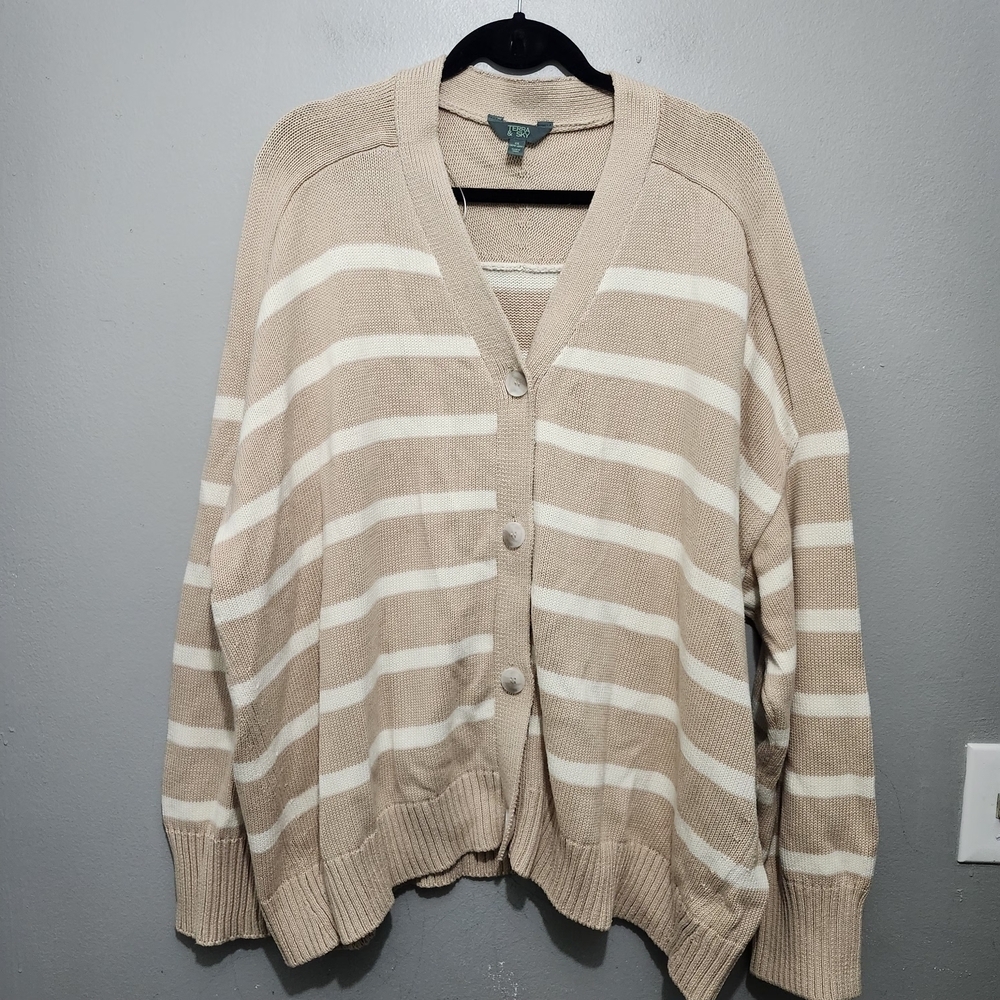 Terra & Sky Beige and Cream Striped Button-Front Cardigan 2X(20W-22W)